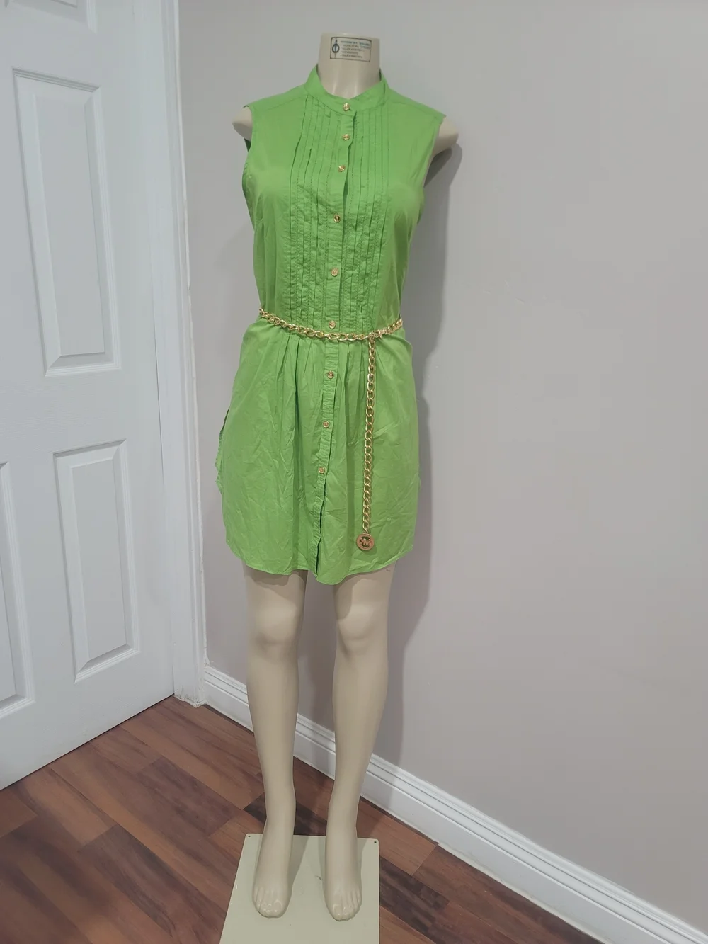 Michael Kors Lime Green Sleeveless Shirt Dress with Gold Chain Belt